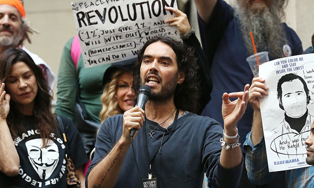 Russell Brand joins Occupy Wall Street activists in New York City on 14 October 2014. Photograph: XP