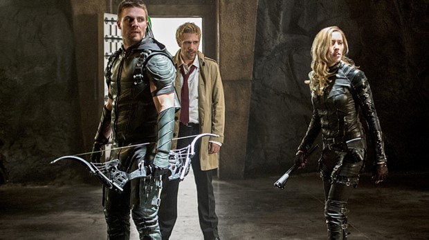 Arrow -- "Haunted" -- Image AR404B_0241b.jpg -- Pictured (L-R): Stephen Amell as The Arrow, Matt Ryan as Constantine and Katie Cassidy as Black Canary -- Photo: Cate Cameron/ The CW -- ÃÂ© 2015 The CW Network, LLC. All Rights Reserved.